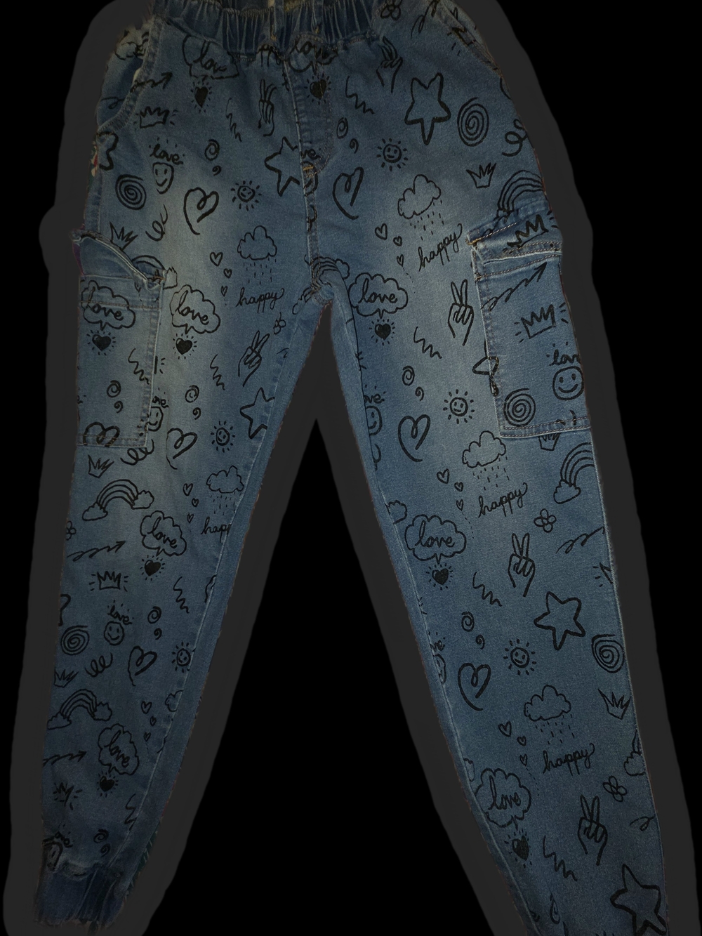 Almost Famous Blue Denim Doodle Cargo Joggers